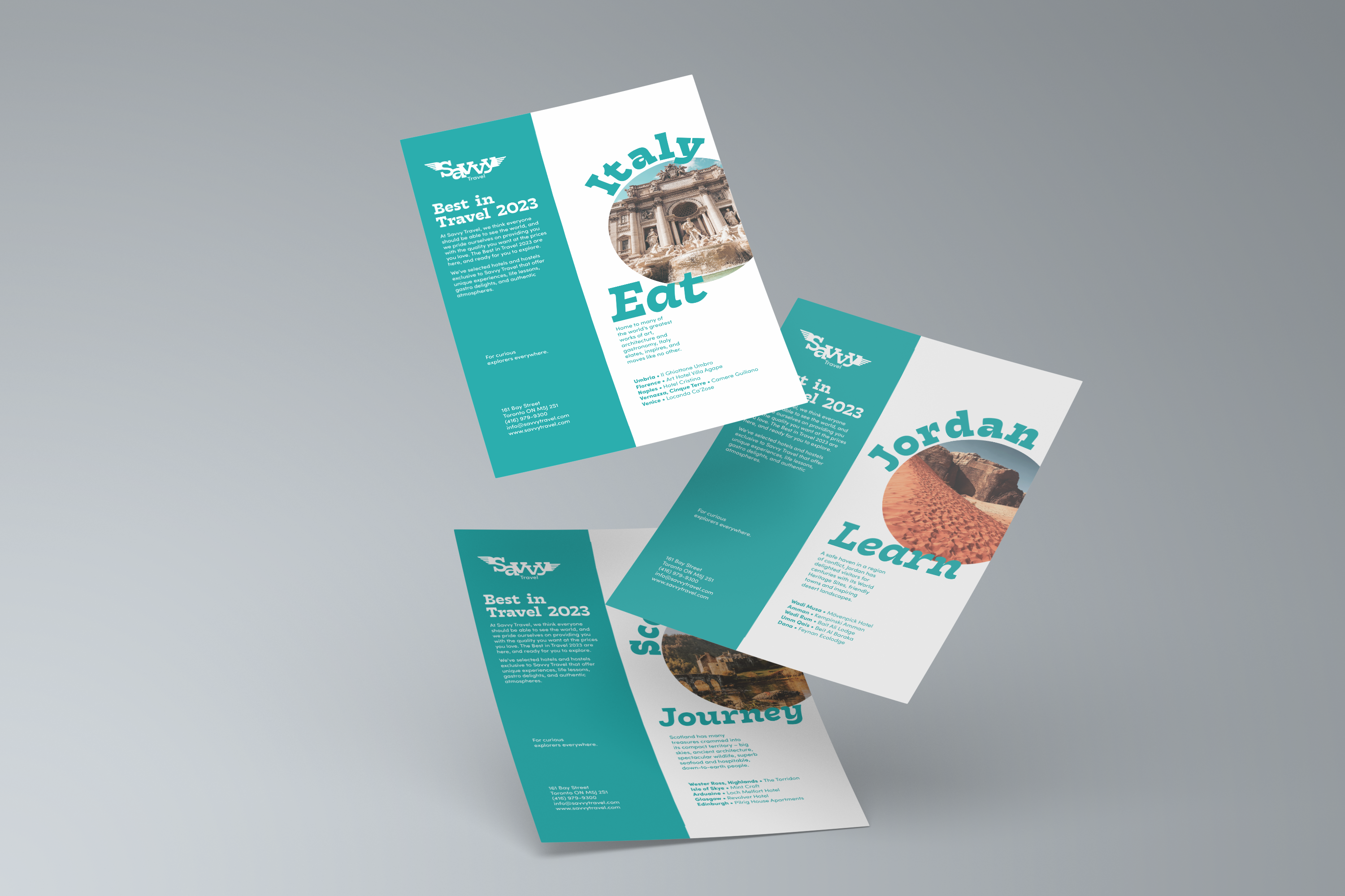 Three posters caught in motion advertising different countries.