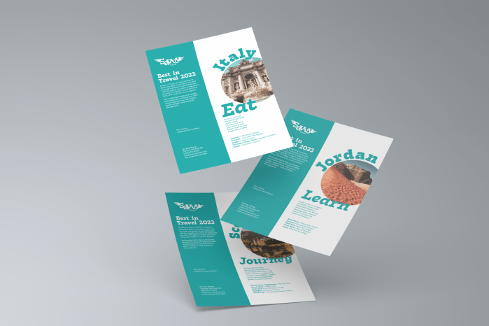 Three posters caught in motion advertising different countries.