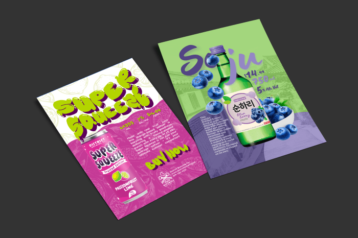 One sell sheet advertising Super Squeeze from District Brewing, and another advertising Soju from Seonmul.