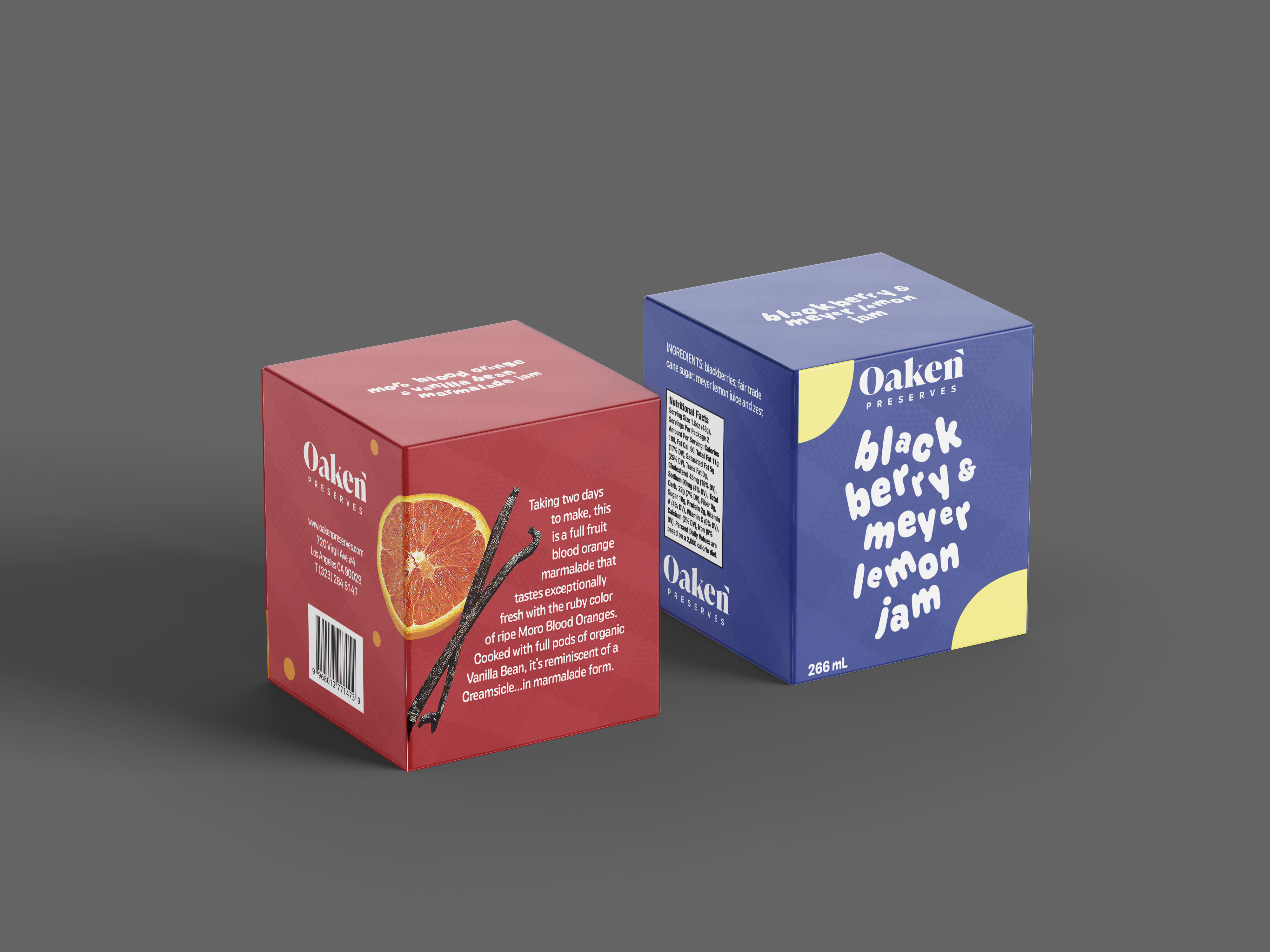 Two square jam packages side by side