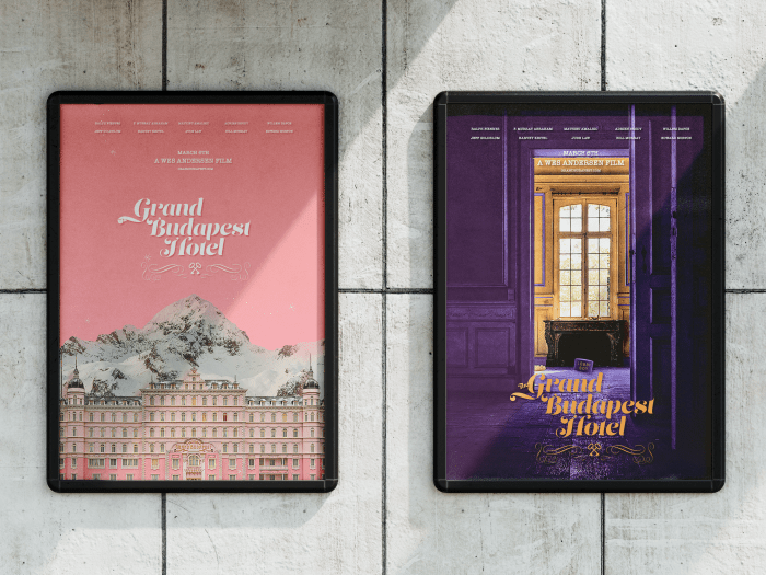 Two Grand Budapest Hotel posters on a wall, both framed.